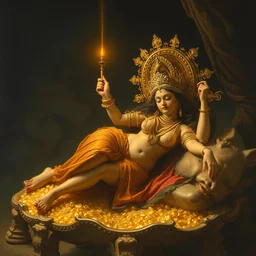 hindu goddes is sleeping on gold treasure, painting by james jean, craig mullins, j. c. leyendecker, lights, art by ernst haeckel, john william godward, hammershøi