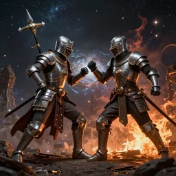 steampunk warrior dueling a knight, space, fiery, galaxy, war