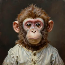 a monkey kid cute portrait with porcelain face, dressed in a vintage shirt, conceptual art, oil fantasy painting, hyperdetailed, dramatic light, 8 k