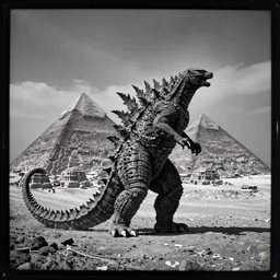 tintype photo, underwater, Godzilla walking in front of the pyramids
