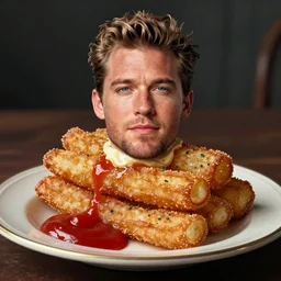 food photo of channing tatum's face on top of giant tater tot on a plate with ketchup