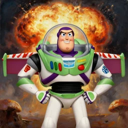 portrait of buzz lightyear smiling, nuclear explosion behind him, mushroom cloud, oil on canvas by william sidney mount, trending on artstation