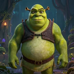 An epic fantastic full shot painting of Shrek. Dark fantasy. Unreal Engine 5. DAZ. Hyper-realistic. Octane render. Symmetrical. Attention to detail. Vibrant bright colours. High saturation. Extremely moody lighting. Atmospheric. Cinematic. Intricate. 8K. Stunning. Breathtaking. Awe-inspiring. Award-winning. Concept art. Trending. ArtStation
