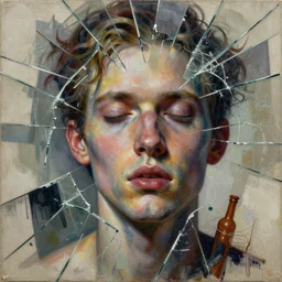 male celestial languid extasy detailed mixed media collage with canvas texture in style of contemporary art, punk art, dadaism, hyperrealistic beautiful face, photorealism, expressionism, masterpiece, perfect composition, spectacular quality, intricate oil details, half - closed eyes, shattered glass