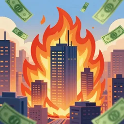 a City on fire, money flying through the skies, professional cartoon illustration, trending on artstation, 3D