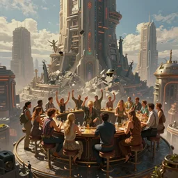 an intricate concept art of a people partying in a bar on top of a building overviewing a towering destroyed megastructure city, sci-fi, cinematic lighting, hyper realistic, art by dylan cole, detailed matte painting, digital art,  sci-fi film color palette