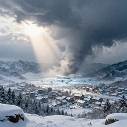snowing blizzard tornado around the mountain cinematic overlook a futuristic village, photograph, god rays, light, sun melting ice and snow