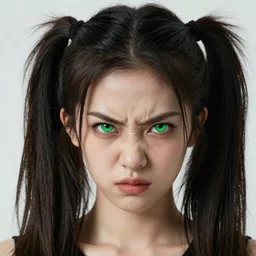 artstation young woman with green eyes and pigtails her head in fury, very detailed, , portrait, high contrast