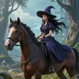 The black-haired young witch travels on her horse to the land of dreams, unreal engine 3