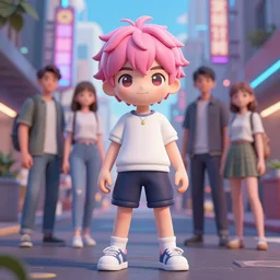 a beautiful fullbody portrait of a cute anime boy with pink hairs in a city. character design by cory loftis, fenghua zhong, ryohei hase, ismail inceoglu and ruan jia. artstation, volumetric light, detailed, photorealistic, fantasy, rendered in octane