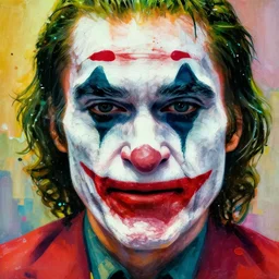 abstract art, the joker 2 0 1 9, city in the background, the joker movie 2 0 1 9, beautiful face and eyes, abstract art, rule of thirds, face symmetry, colourful spray paint splatters, expressive, fine art, by greg rutkowski, by jeremy mann, by francoise nielly, 8 k, correct body proportion, vivid cinematic style