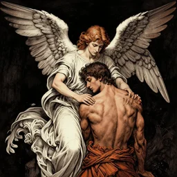 angel protecting man, detailed intricate ink illustration, dark atmosphere, detailed illustration, hd, 4 k, digital art, overdetailed art, by greg rutkowski, by loish, complementing colors, trending on artstation, deviantart
