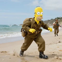 film still from Saving Private Ryan of Homer Simpson storming Normandy beach as a ww2 soldier