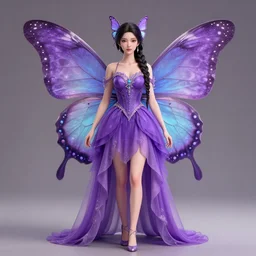 a butterfly princess wearing purple dress, wearing butterfly braid, fairy goddess, symmetrical face, full body shot, highly detailed clothing, octane render, unreal engine, trending on artstation.