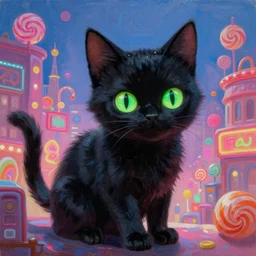 a black cat with glowing green eyes in candy city for a game candy themed, oil painting by jama jurabaev, extremely detailed, brush hard, artstation, for aaa game, high quality, brush stroke