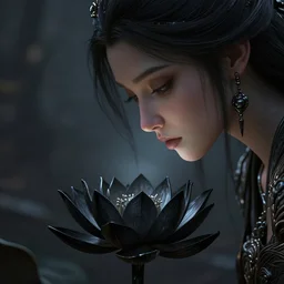 a beautiful and hyperdetailed illustration of a woman looking down at a black lotus flower, centered in frame, viewed in profile, in the style of magic the gathering!!!!, ultrawide lens, 8 k, volumetric lighting, cinematic, find detail, cell shaded, intricate detail, octane render, art by chris rahn and andreas rocha and adam paquette