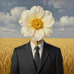 portrait of a faceless beautiful flower - head man in a suit, wheat field and clouds in the background, by rene magritte, detailed painting, distance, centered, hd, hq, high resolution, high detail, 4 k, 8 k