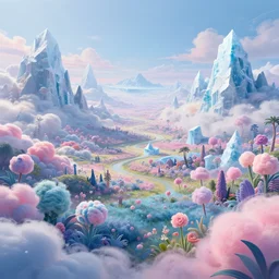 a psychedelic realm in another dimension with rolling plains made out of clouds, mountains made out of icebergs, and plant life made out of cotton candy, in the style of wlop, illustration, epic, fantasy, hyper detailed, smooth, unreal engine, sharp focus, ray tracing