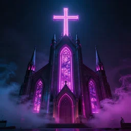Cyberpunk church, high detail, smoke, sharp, neon lights, neon cross