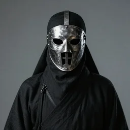 an ancient warrior in black wearing a metal face mask