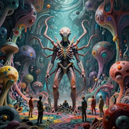 Prometheus biological sci-fi environment set in a nightmarish universe of odd forms and somber tapestry, humans exploring, HR Giger and  Zdzisław Beksiński, vivid color scheme, featured in artstation, octane render, cinematic, elegant, intricate, 8k