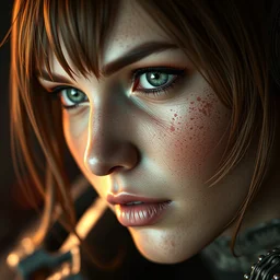 leeloo in gears of war doom eternal warhammer 4 0 k, splash art, detailed face, details in the face, movie still, cinematic lighting, ray tracing, octane render, long lens, shallow depth of field, bokeh, anamorphic lens flare, 8 k, hyper detailed, 3 5 mm film grain