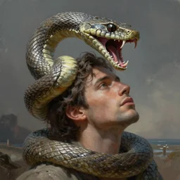 an intricate concept illustration of a serpent with open mouth around man's head, by wlop, artstation, cgsociety, hyper realistic, photorealistic, digital painting