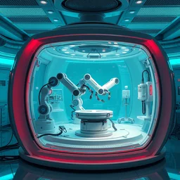 futuristic enclosed medical pod with robot arms doing precision work inside, inspired by aquarium, a single large glass chamber contains multiple robotic manipulators, mako robotics product concept, highly integrated futuristic automatic medical care unit in a cyberpunk hospital lab, highly detailed, vibrant, hyperdetailed scifi concept art, artstation, hdr, rtx, octane render, cgsociety, solidworks
