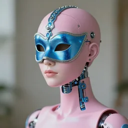 natural light, soft focus portrait of a android with soft synthetic pink skin, blue bioluminescent plastics, smooth shiny metal, elaborate ornate head piece, piercings, venetian mask, skin textures, by annie liebovotz, paul lehr,