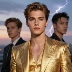 sam hyde wearing luxurious gold suit, sigma male, accurately portrayed, portrait art by jesper ejsing and ruan jia, highly detailed, illustration, ethereal lighting with twilight rays of lightning, very detailed, smooth, sharp focus, octane render, close up