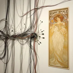 a wall crowded with wires and neural networks, sci - fi, ai, 4 k realistic, artem demura. courbet. alphonse mucha. vintage wires!