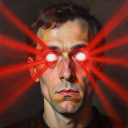 painting portrait of a crazy man shooting massive vibrant red light beams out of his eyes, matte painting, close up, masterpiece, high details, white eyes, by Francis Bacon