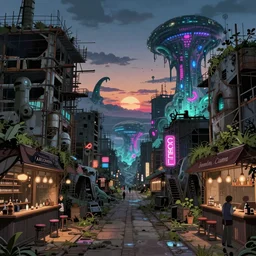 a beautiful ultradetailed anime illustration of pathway architecture abandoned city industrial architecture unfinished building urbex nature by benedek vass, at dusk neon signs otherworldly neptune alien landscape vaporwave san andreas at night apocalyptic assassin's creed scumm bar, archdaily, wallpaper, highly detailed, trending on artstation.