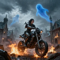 young woman, riding a mech, in medieval town on fire, with blue ghost in the sky, light grey lighting in the sky, menacing clouds, rainy night