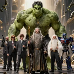 the hulk starring as gandalf in lord of the rings, staff, white beard,, cybertronian, long shot, cinematography by wes anderson, 4 k octane render, intricate detail, photorealistic, cinematic lighting, artstation