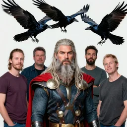 proffesional photo session of modern version of Odin, casual clothes, long grey beard, two ravens flying above, Huginn and Muninn flying above, by Stanley Artgerm Lau, Diego Gisbert Llorens, Mark Brooks, Charlie Bowater, very detailed face, insanely detailed and intricate, vivid and vibrant, highly detailed, cinematic lighting, artstation