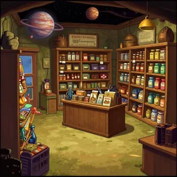 inside a general store, in a remote outpost, on a remote planet, from a lucasarts point and click 2 d graphic adventure game, art inspired by [ [ [ thomas kinkade ] ] ] and mark keathley