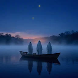 ghosts on boat on the middle of lake, fog, sunrise, night sky, yellow stars, deep blue mood, by stanley kubrick