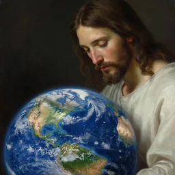 jesus looking down at the earth, cinematic, realistic painting, raytracing