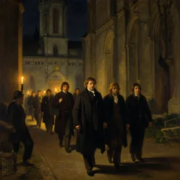 nuns walking to the convent by candlelight, art by anders zorn, wonderful masterpiece by greg rutkowski, beautiful cinematic light, american romanticism thomas lawrence, greg rutkowski