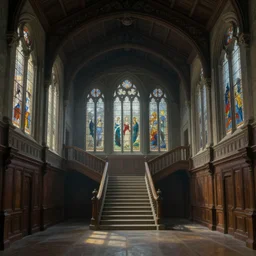 main hall of a castle with dark wood trim and stained glass windows with a grand staircase that extends upwards infinetly, subtle lovecraftian vibes, ethereal, oil painting, mc escher