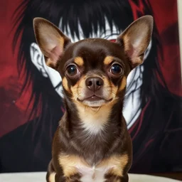 a dark brown chihuahua, hyper detailed, in the style of junji ito and berserk, selfie shot straight on angle