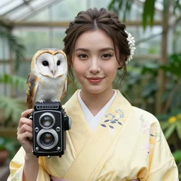 portrait photograph of beautiful young female model, symmetric face, symmetric eyes, slight smile, natural light, wearing a yellow kimono with a very detailed barn owl on her shoulder!!! in a tropical greenhouse. looking at the camera!!. super resolution. Extremely detailed. Graflex camera, bokeh.
