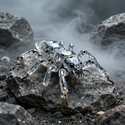 professional photo shot of a cybernetic scutigera made of silica crystal, rocks in the background, surrounded by of fog, grimy, gritty, trending on artstation, award winning, close shot, by aleks labuda and barry webb