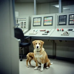 puppy in industrial control room, photo from 1 9 9 8, ektachrome, - 3 6 8 9 2 8 9 5 5 6