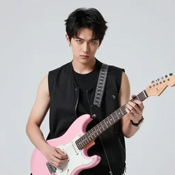 asian rocker guy with a serious expression in a vest playing a pink guitar, full color digital illustration in the style of don bluth, artgerm, artstation trending, 4 k