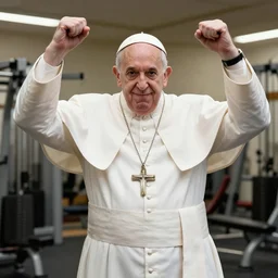 a very muscular Pope Francis is flexing in a gym, photorealistic,