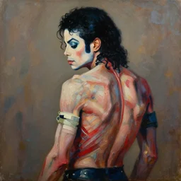 michael jackson in a detailed and textured painting of a deformed anatomical portrait back view, muted colors, artistic pose, highly impasto oil painting, soft light 1 6 k, red, blue and brown colour palette, cinematic composition, cinematic lighting, sharp focus, masterpiece by adrian ghenie and jenny saville and schiele and hr giger and gustav klimt and james jean