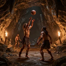 high resolution unreal engine render of cavemen playing basketball inside cave at night, cave lit by torch light, stalagmites