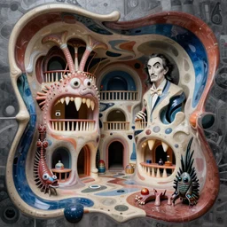 a 3 d melting sculpture house made entirely out of odontodactylus scyllarus by dali and zaha hadid by kandinsky, weird, abstract, surrealism, tunnels, 4 d, self - consuming, illusion picasso rooms, digital art